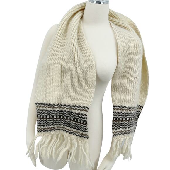 White Nordic Striped Knit Fringe Scarf - Picture 2 of 7